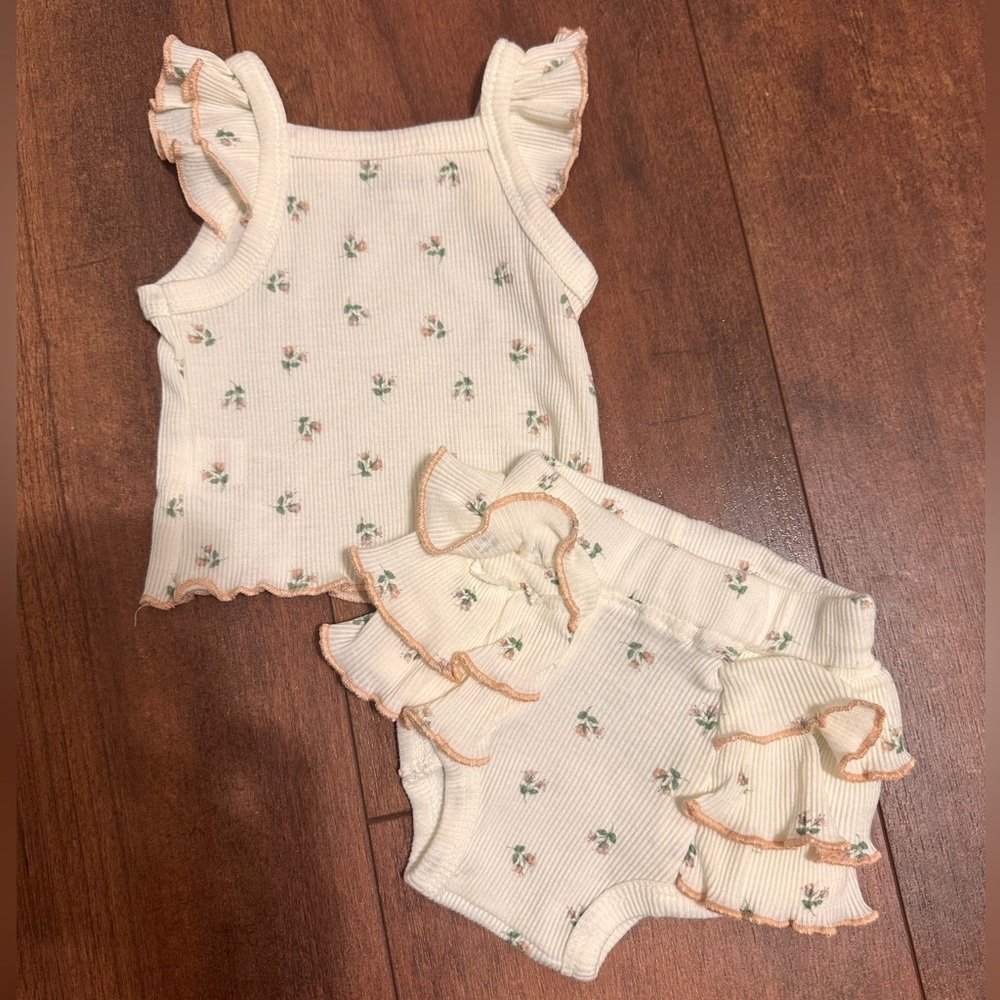 Floral Ruffle Kids Set - Cream and Tan